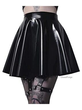 Women's High Rise Pleated Skater Skirt PVC PU Leather Shiny Wet Look Flared A